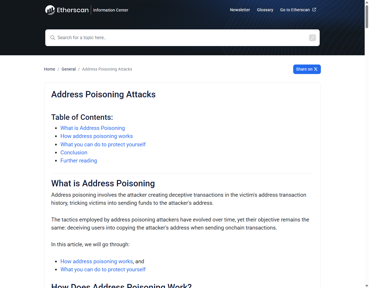 Opisyal na Etherscan page tungkol sa address poisoning at mapanlinlang na transaction history