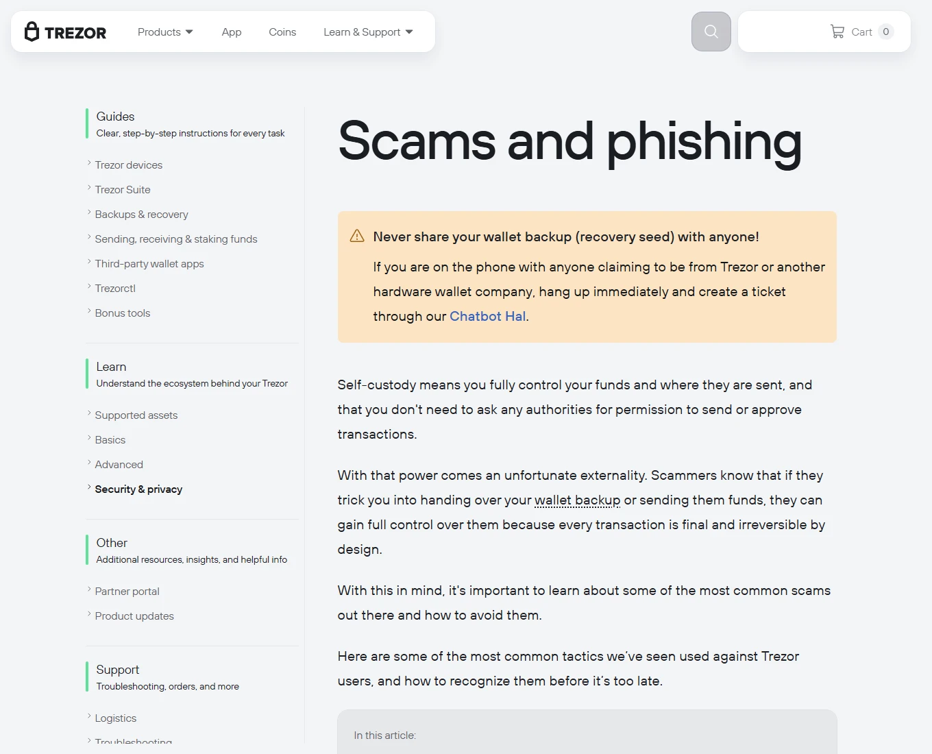 Screenshot ng pampublikong pahina ng Trezor sa Ingles tungkol sa mga scam at phishing, na may gabay sa pagkilala sa panlilinlang at pekeng suporta
