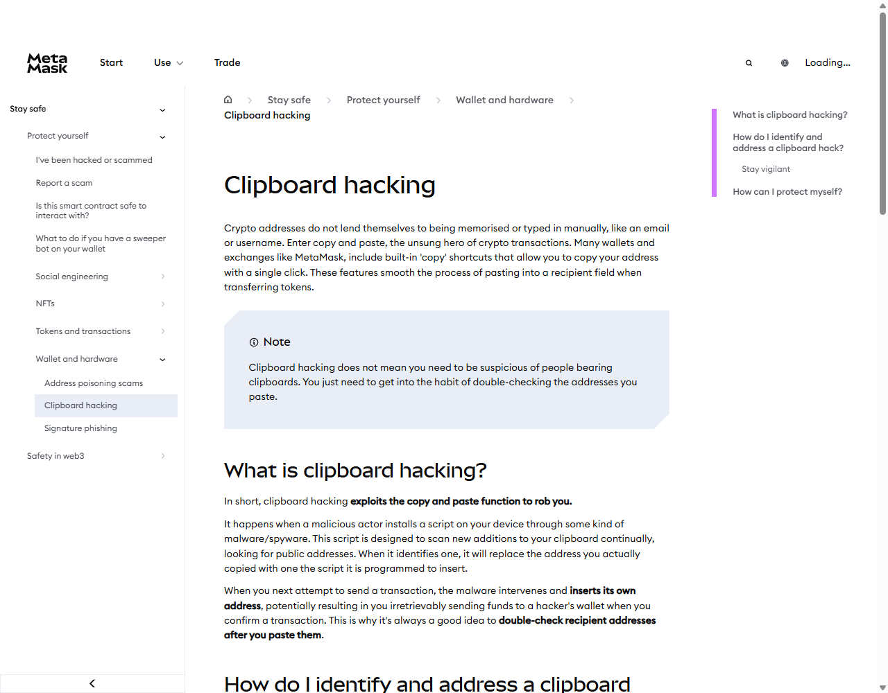 Halaman resmi MetaMask tentang alamat yang berubah akibat clipboard hacking