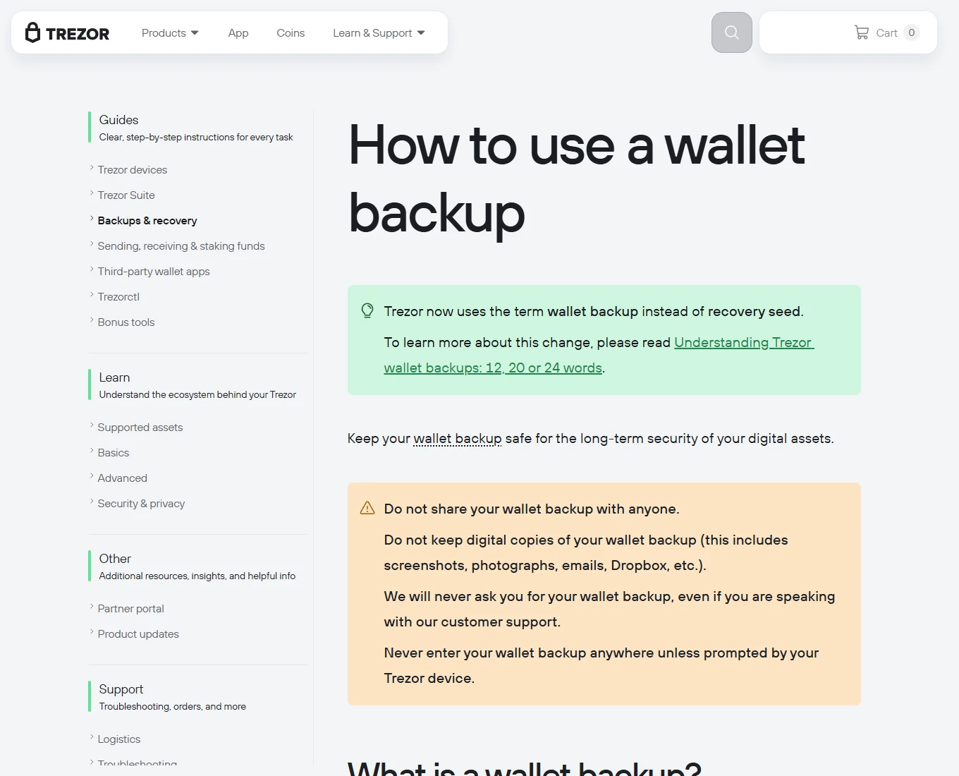 Tangkapan layar halaman bantuan publik Trezor berbahasa Inggris tentang penggunaan cadangan dompet dan hubungannya dengan kunci serta alamat