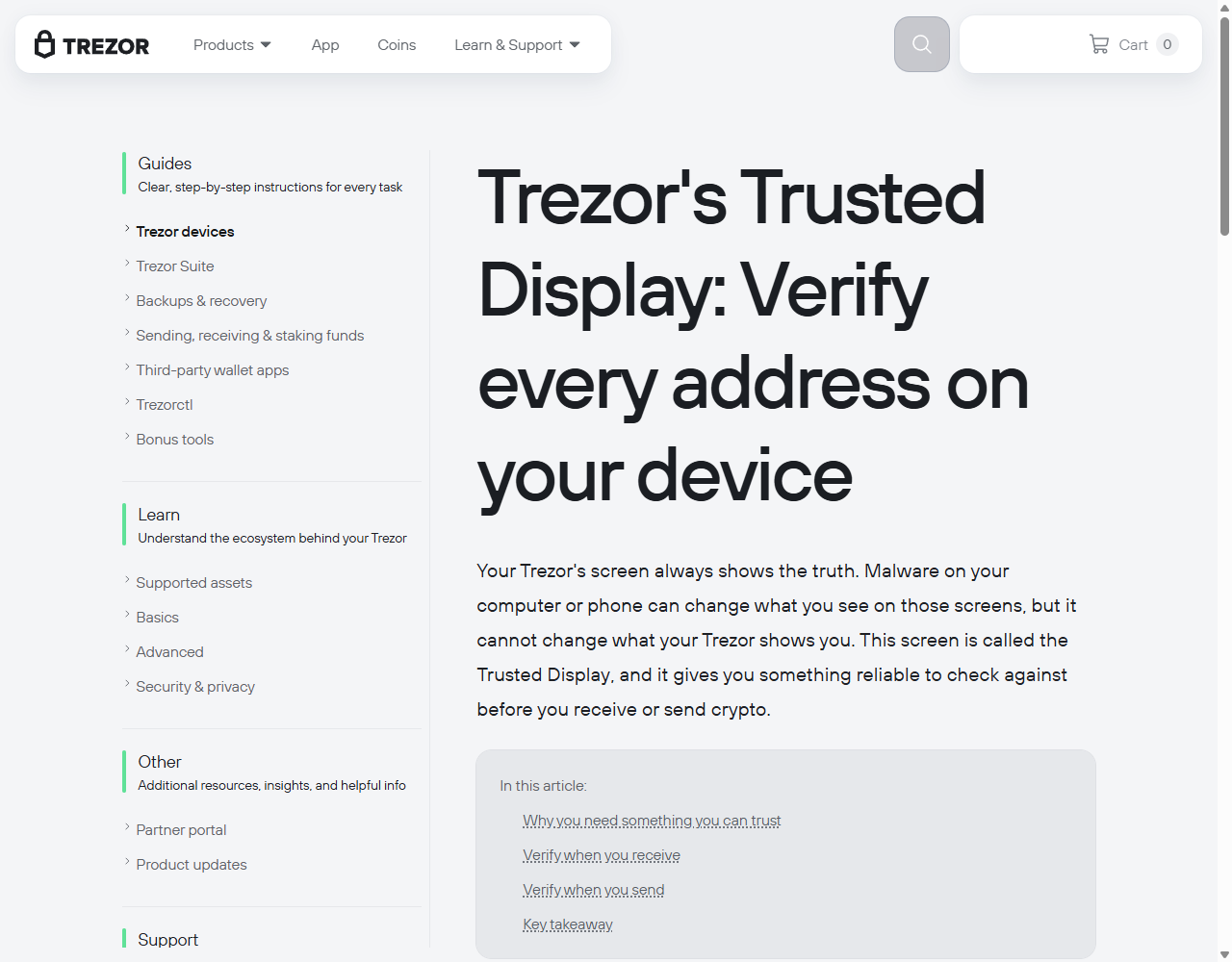 หน้าเอกสาร Trezor ทางการเกี่ยวกับการตรวจที่อยู่บนอุปกรณ์
