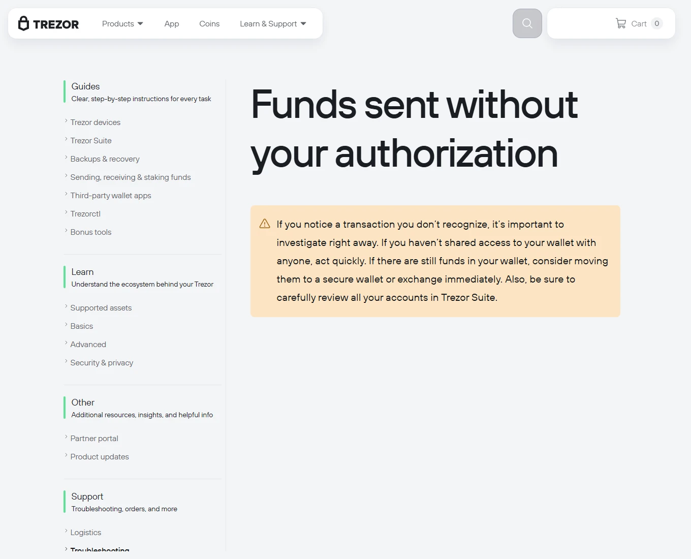 ภาพหน้าจอหน้าช่วยเหลือสาธารณะภาษาอังกฤษของ Trezor ว่าด้วยการตรวจธุรกรรมที่ส่งโดยไม่ได้รับอนุญาต