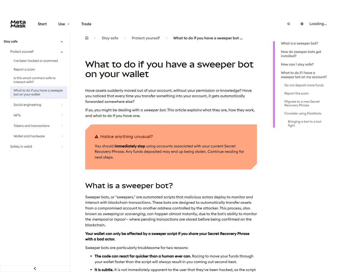 MetaMask'in otomatik para süpüren bot riskine ilişkin herkese açık İngilizce yardım sayfasının ekran görüntüsü